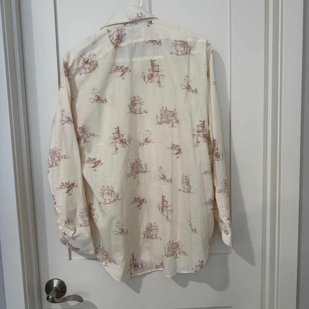 Vintage Arrow Perma-Iron Toile Scenic Print Shirt Mens 15.5-33 Cream 70s Shirt